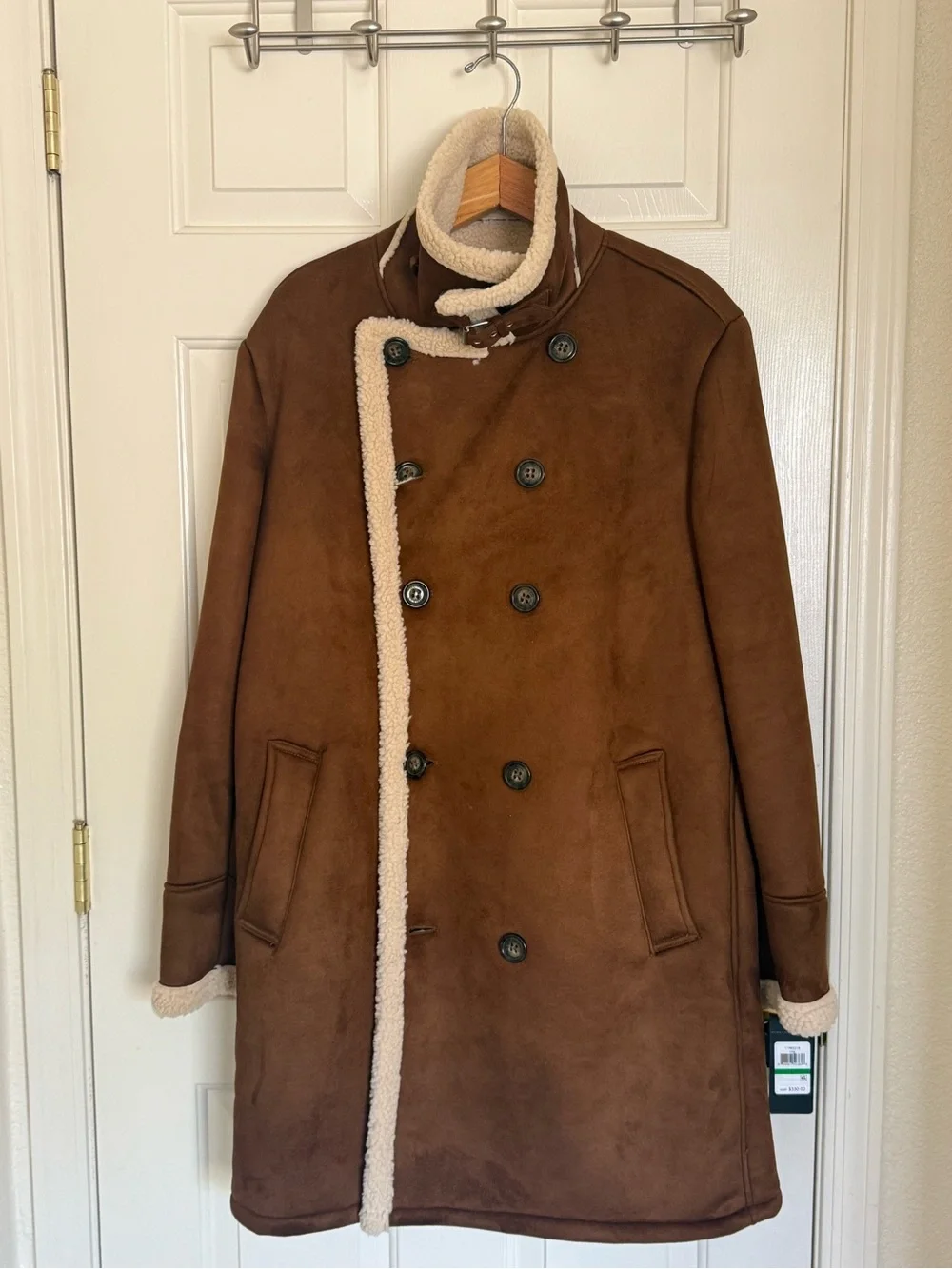 GUESS Brown Shearling-Trim Double-Breasted Pea Coat